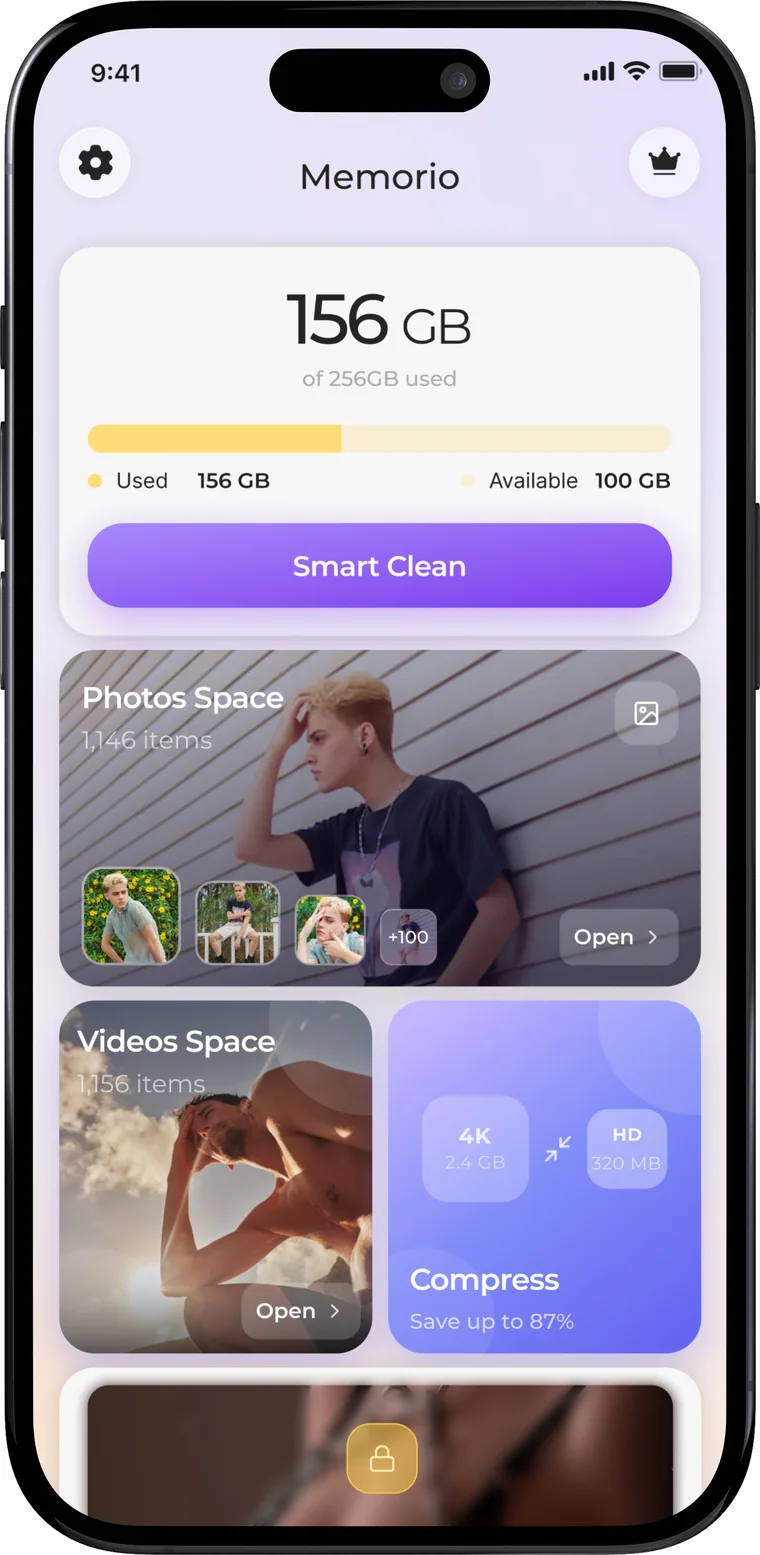 Memorio home screen showing storage overview